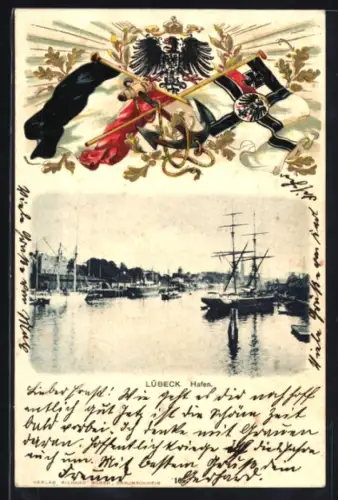 Passepartout-Lithographie Lübeck, Hafen und Wappen