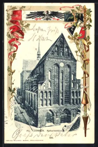 Passepartout-Lithographie Lübeck, Katharinenkirche im Passepartout mit Wappen und Reichsadler