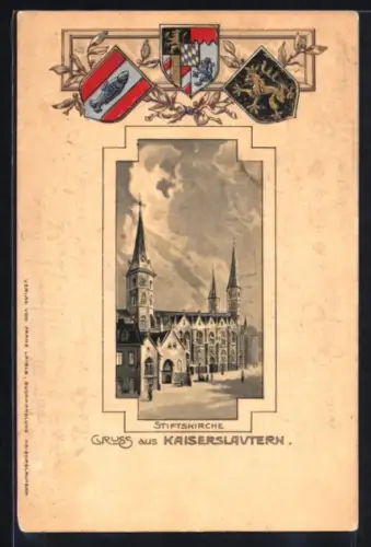 Passepartout-Lithographie Kaiserslautern, Stiftskirche und Rahmen mit Wappen
