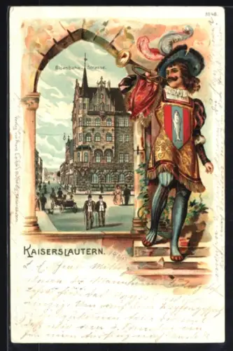 Passepartout-Lithographie Kaiserslautern, Trompeter von Säckingen und Blick in die Eisenbahnstrasse, Behüt Dich Gott!