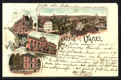 Lithographie Varel, Landwirtschaftsschule, Rathaus, Post