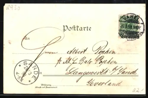 Lithographie Varel, Landwirtschaftsschule, Rathaus, Post