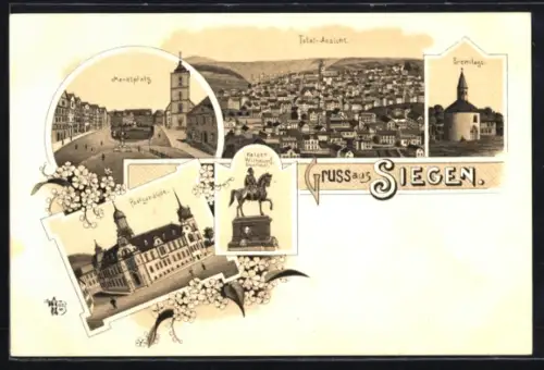 Lithographie Siegen, Kaiser Wilhelm I. Denkmal, Eremitage, Marktplatz