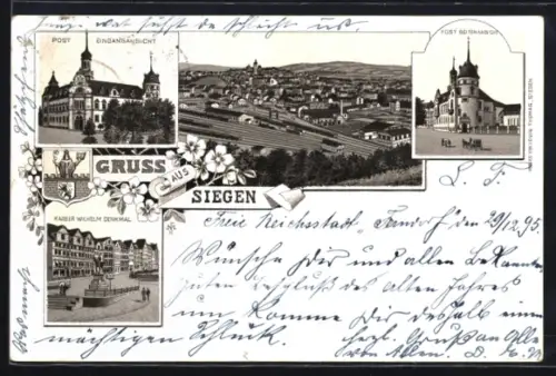 Vorläufer-Lithographie Siegen, 1895, Post, Kaiser Wilhelm-Denkmal, Ortspanorama