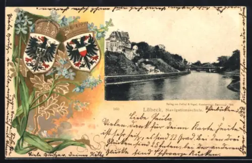 Passepartout-Lithographie Lübeck, Navigationsschule im Passepartout mit Wappen