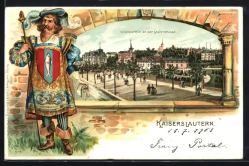 Passepartout-Lithographie Kaiserslautern, Lauterstrasse mit Villen, Zeremonienmeister mit Stadtwappen