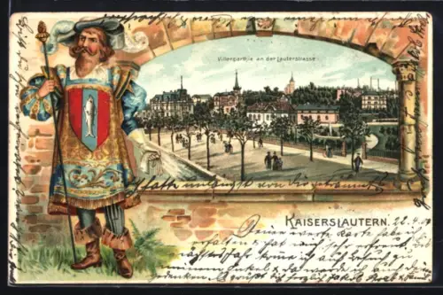 Passepartout-Lithographie Kaiserslautern, Lauterstrasse mit Villen, Zeremonienmeister mit Stadtwappen