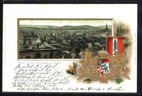 Passepartout-Lithographie Kaiserslautern, Blick über den Ort, Wappen