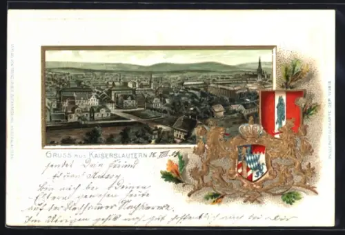 Passepartout-Lithographie Kaiserslautern, Ortsansicht mit Kirche, Wappen