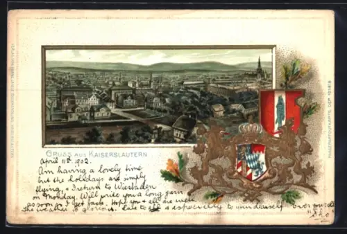 Passepartout-Lithographie Kaiserslautern, Ortsansicht im Rahmen mit Wappen