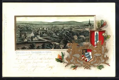 Passepartout-Lithographie Kaiserslautern, Blick in den Ort mit Wappen