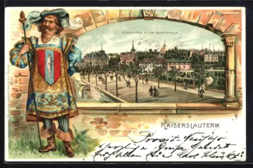 Passepartout-Lithographie Kaiserslautern, Lauterstrasse mit Villen, Zeremonienmeister mit Stadtwappen