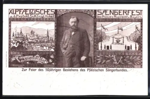 AK Kaiserslautern, XI. Pfälzisches Sängerfest 1910. Festhalle und Ortsansicht