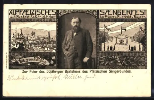 AK Kaiserslautern, XI. Pfälzisches Sängerfest 1910. Festhalle und Ortsansicht