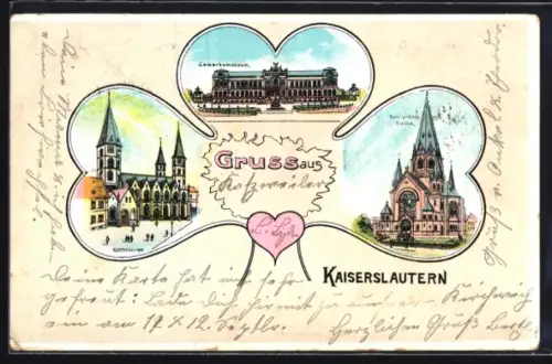 Lithographie Kaiserslautern, Gewerbemuseum, Stiftskirche in Kleeblatt-Rahmen