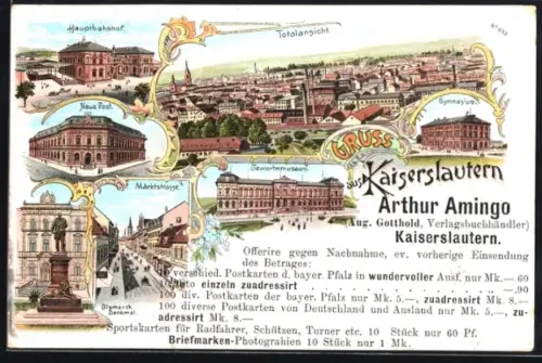 Lithographie Kaiserslautern, Hauptbahnhof, Neue Post, Gewerbemuseum, Gymnasium