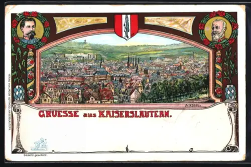 Lithographie Kaiserslautern, Ortsansicht in dekorativem Rahmen mit Wappen