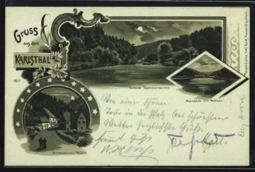 Mondschein-Lithographie Karlsthal, Unterer Hammerweiher, Walzwerk mit Weiher