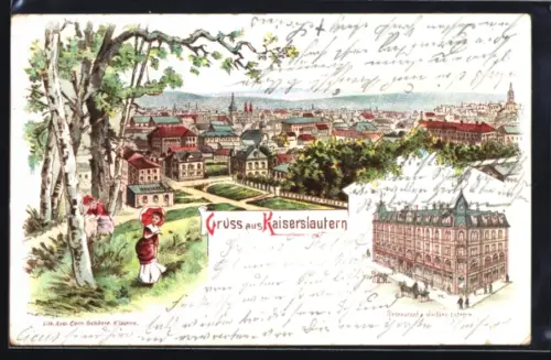 Lithographie Kaiserslautern, Restaurant z. weissen Laterne, Blick auf den Ort