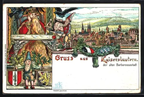 Lithographie Kaiserslautern, Zwerge mit Wappen, Eichenlaub und Gemälde, Blick in den Ort