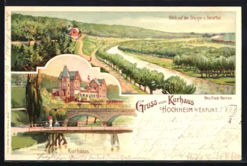 Lithographie Hochheim bei Erfurt, Blick auf den Steiger und Gerathal, Kurhaus