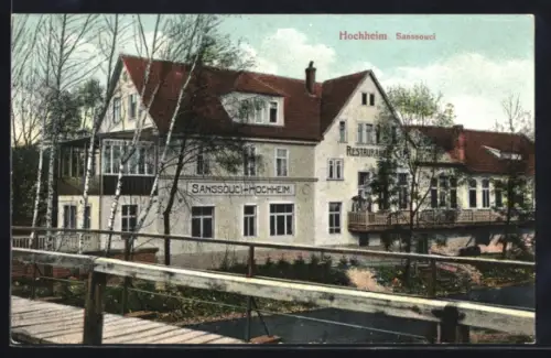 AK Hochheim, Gasthaus Sanssouci mit Brücke