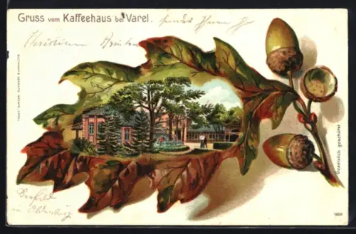Passepartout-Lithographie Varel, Gasthof Kaffeehaus im Eichenblatt-Passepartout