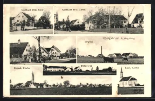 AK Königsbrunn b. Augsburg, Gasthaus zum Adler, Gasthaus zum Hirsch, Protest. Kirche, Ziegelei