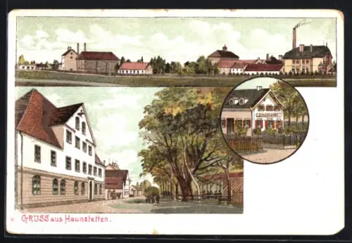 Lithographie Haunstetten, Gasthof Ernst Lanke, Blick in den Ort
