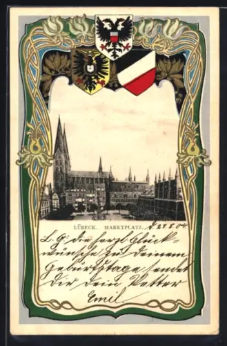 Passepartout-Lithographie Lübeck, Marktplatz im Passepartout mit Wappen