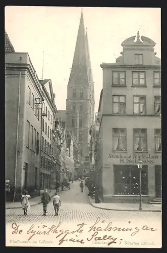 AK Lübeck, Strasse Fünfhausen mit Schuh- und Stiefellager