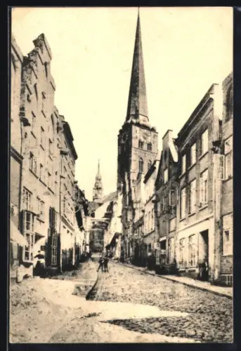 AK Lübeck, Strassenpartie in der Engelsgrube mit Kirche