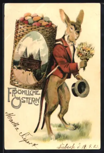 Grusskarten-AK Lübeck, Holstenthor im Korb eines Osterhasen
