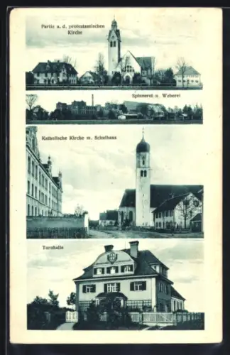 AK Haunstetten bei Augsburg, Protest. Kirche, Kathol. Kirche mit Schulhaus, Turnhalle