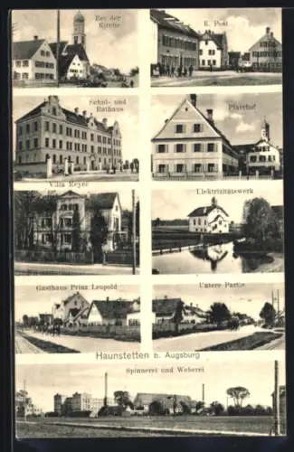 AK Haunstetten b. Augsburg, Villa Meyer, Pfarrhof, Untere Partie, Spinnerei und Weberei
