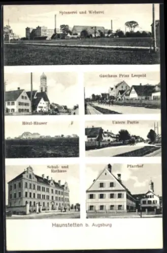 AK Haunstetten b. Augsburg, Hötzk-Häuser, Gasthaus Prinz Leopold, Schul- und Rathaus