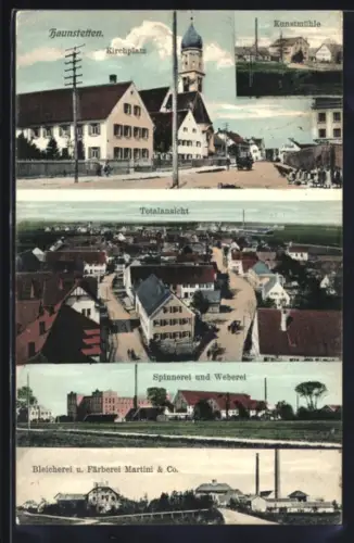 AK Haunstetten, Kirchplatz, Kunstmühle, Spinnerei und Weberei