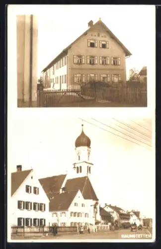 AK Haunstetten, Blick zur Kirche, Haus im Ort