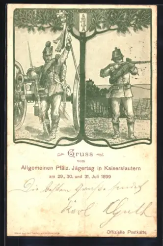 Lithographie Kaiserslautern, Allgemeinen Pfälz. Jägertag 1899, Jäger in Uniform, Wappen