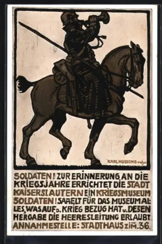 Künstler-AK Kaiserslautern, Soldat zu Pferd mit Horn