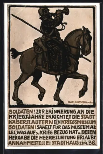Künstler-AK Kaiserslautern, Zur Erinnerung an die Kriegsjahre, Soldat zu Pferd bläst zum Appell
