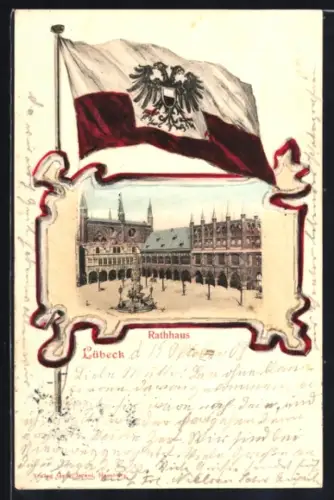 Passepartout-Lithographie Lübeck, Rathaus im Passepartout mit Wappen