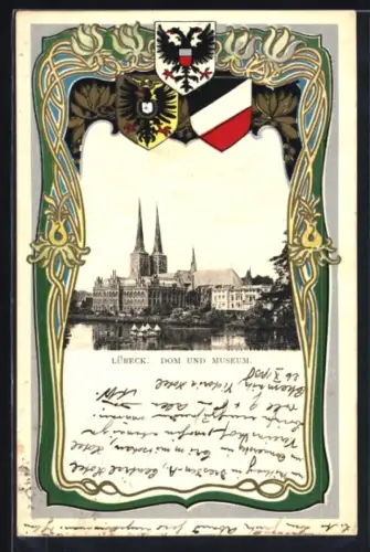 Passepartout-Lithographie Lübeck, Dom und Münster mit Wappen