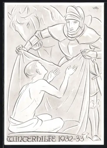 Künstler-AK Kaiserslautern, Winterhilfe 1932-33, Ritter bringt einem Mann eine Decke