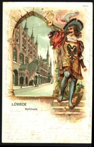 Passepartout-Lithographie Lübeck, Partie vor dem Rathaus und Bote mit Trompete im Passepartout