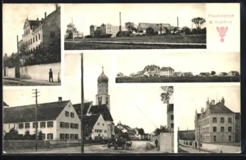 AK Haunstetten b. Augsburg, Totalansicht und Strassenpartie mit Kirche