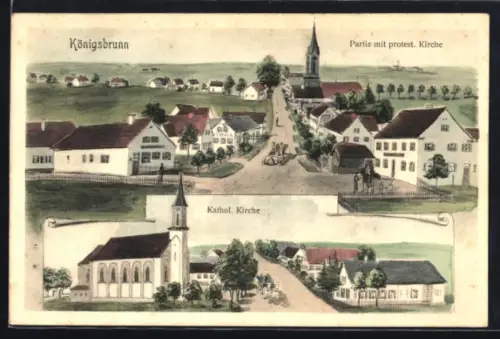 Künstler-AK sign. Hans Pernat: Königsbrunn, Partie mit protestantischer und katholischer Kirche
