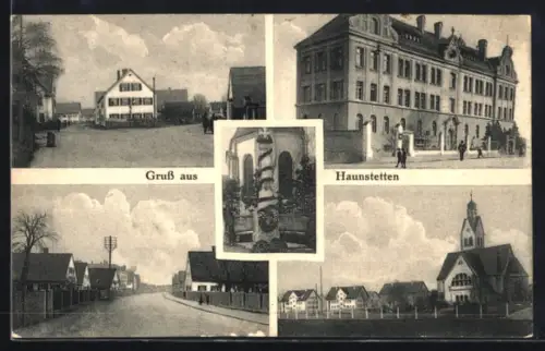 AK Haunstetten, Verschiedene Ortspartien mit Kirche und Denkmal