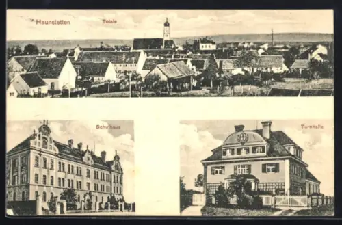 AK Haunstetten, Totalansicht, Schulhaus und Turnhalle