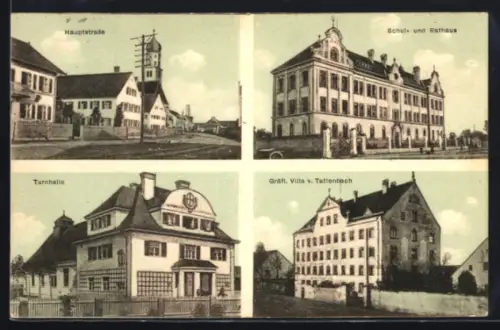 AK Haunstetten, Partie an der Hauptstrasse mit Kirche und Gräfl. Villa v. Tattenbach